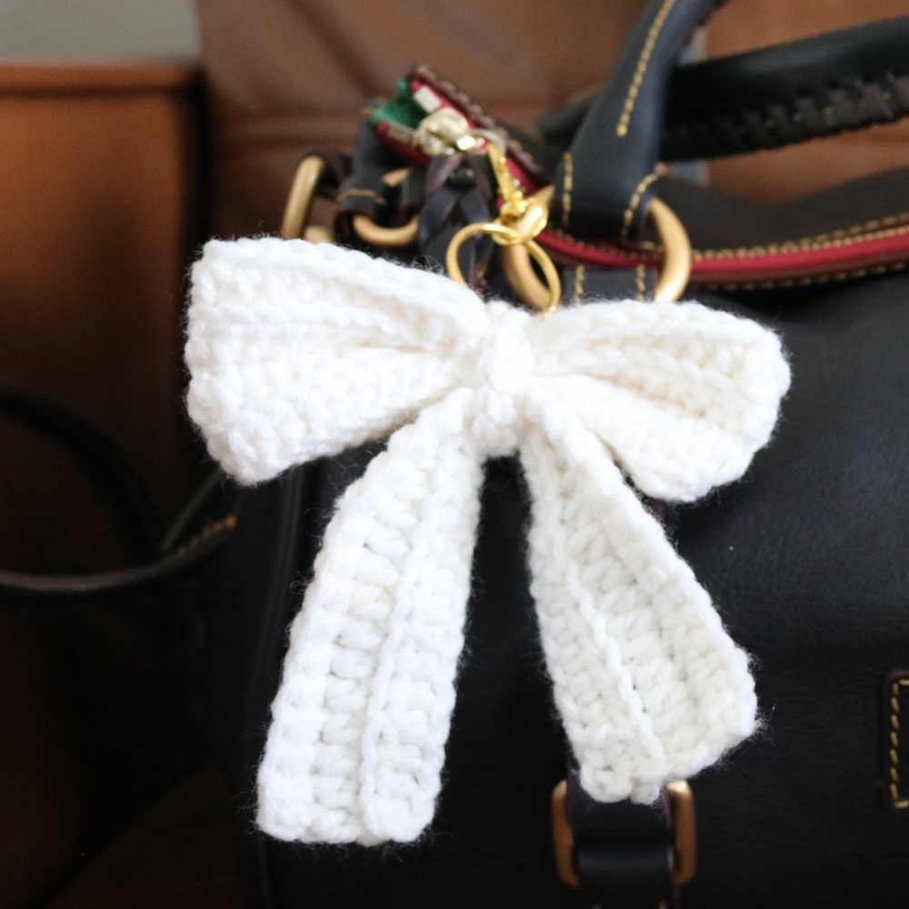 White bow bag charm handmade crochet